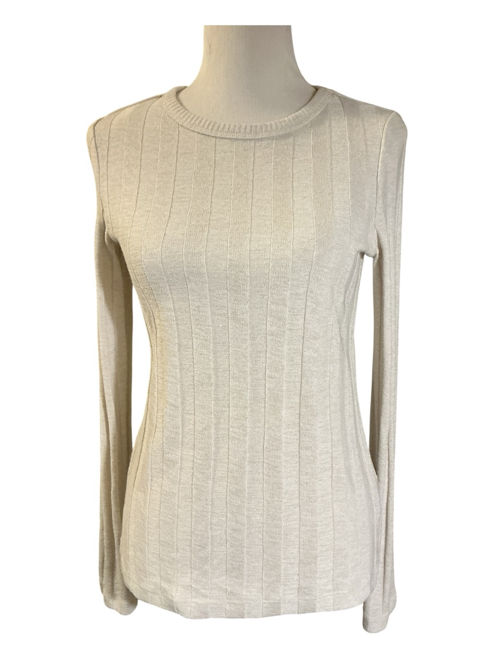 Cream Ribbed Long-Sleeve Women's Top